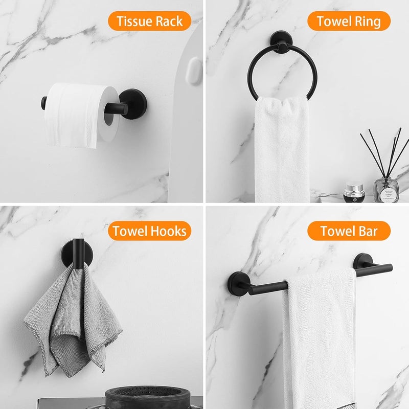 Hinmood Bathroom Hardware Set Black 10 Pieces, Towel Bar Set Matte Black Stainless Steel Towel Rack Set Includes 2PCS 16'' Towel bar, 4PCS Towel Hooks, 2PCS Toilet Paper Holder and 2PCS Towel Ring - Image 2